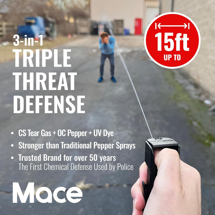 3-IN-1 Tear Gas Enhanced Mace Police Pepper Spray, ideal self defense  for women, 12 ft range, rugged police-ready housing with clip, Made in the USA