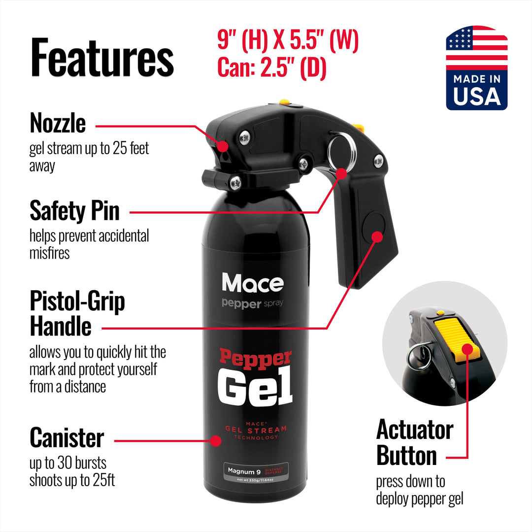Non-lethal home and store defense,  Mace pepper spray gel extra large size,  20 ft range, Made in the USA