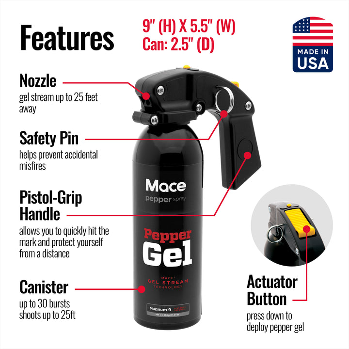 Non-lethal home and store defense,  Mace pepper spray gel extra large size,  20 ft range, Made in the USA