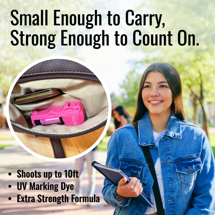 Pocket Size Mace Pepper Spray- Ideal self defense keychain for women, 10 ft range, Made in the USA- Available in Neon Pink