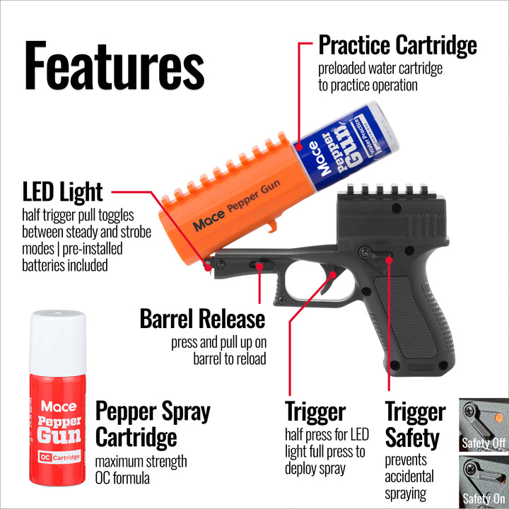 Mace Pepper Spray Gun, ideal home and vehicle defense, Black and orange