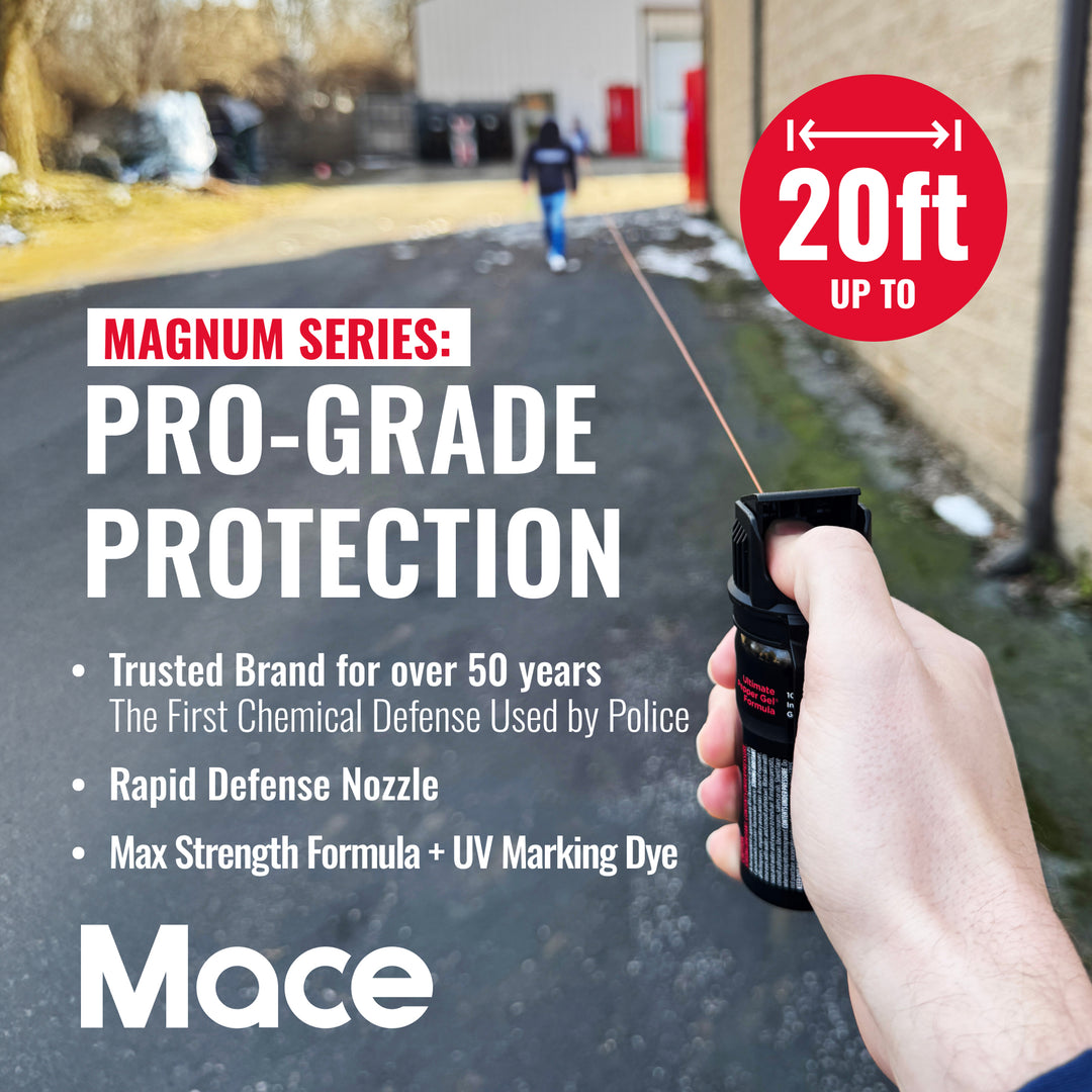 Non-lethal home and vehicle defense,  Mace pepper spray gel with clip,  18 ft range, Made in the USA