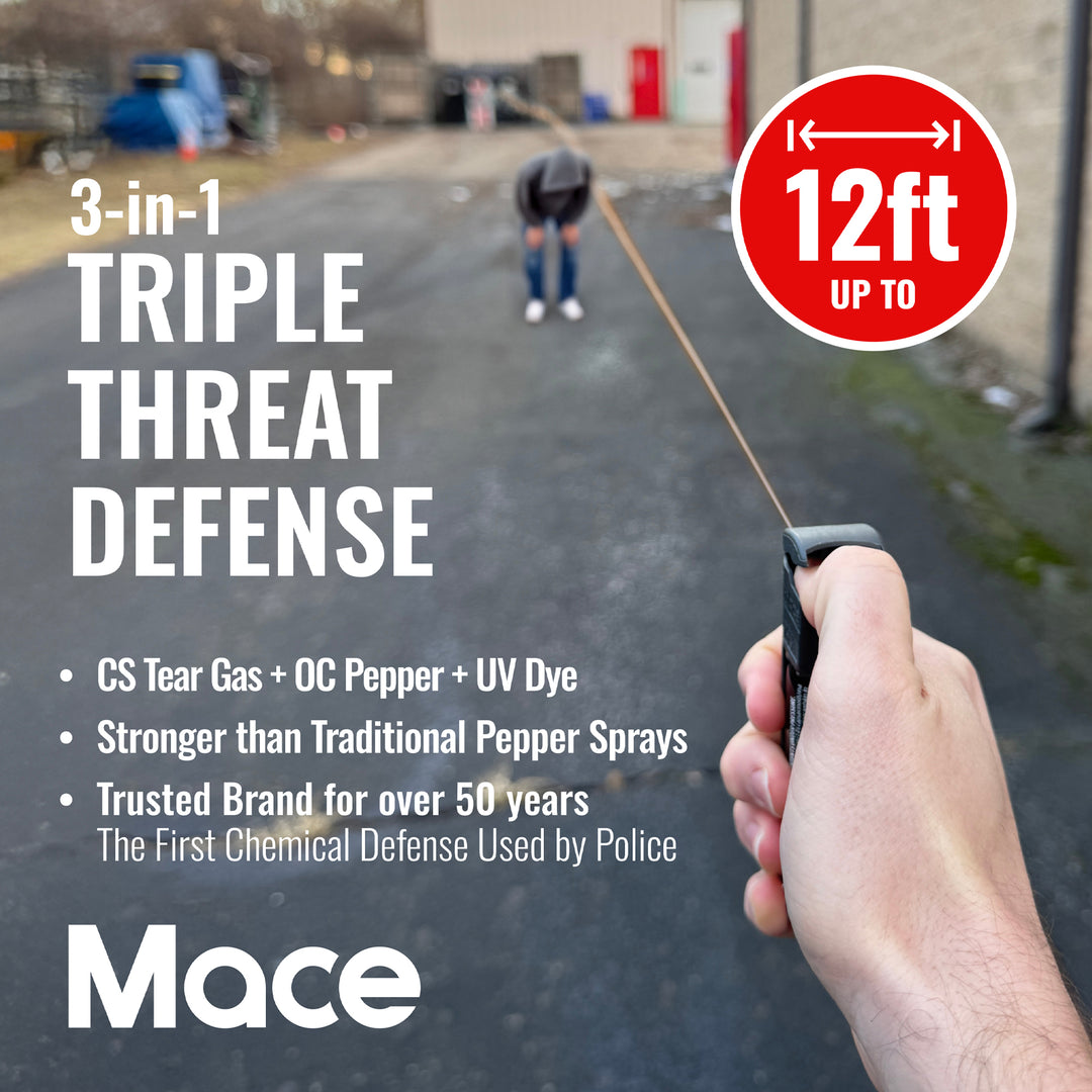 3-IN-1 Tear Gas Enhanced Mace Pepper Spray, ideal self defense keychain for women, 12 ft range, Made in the USA
