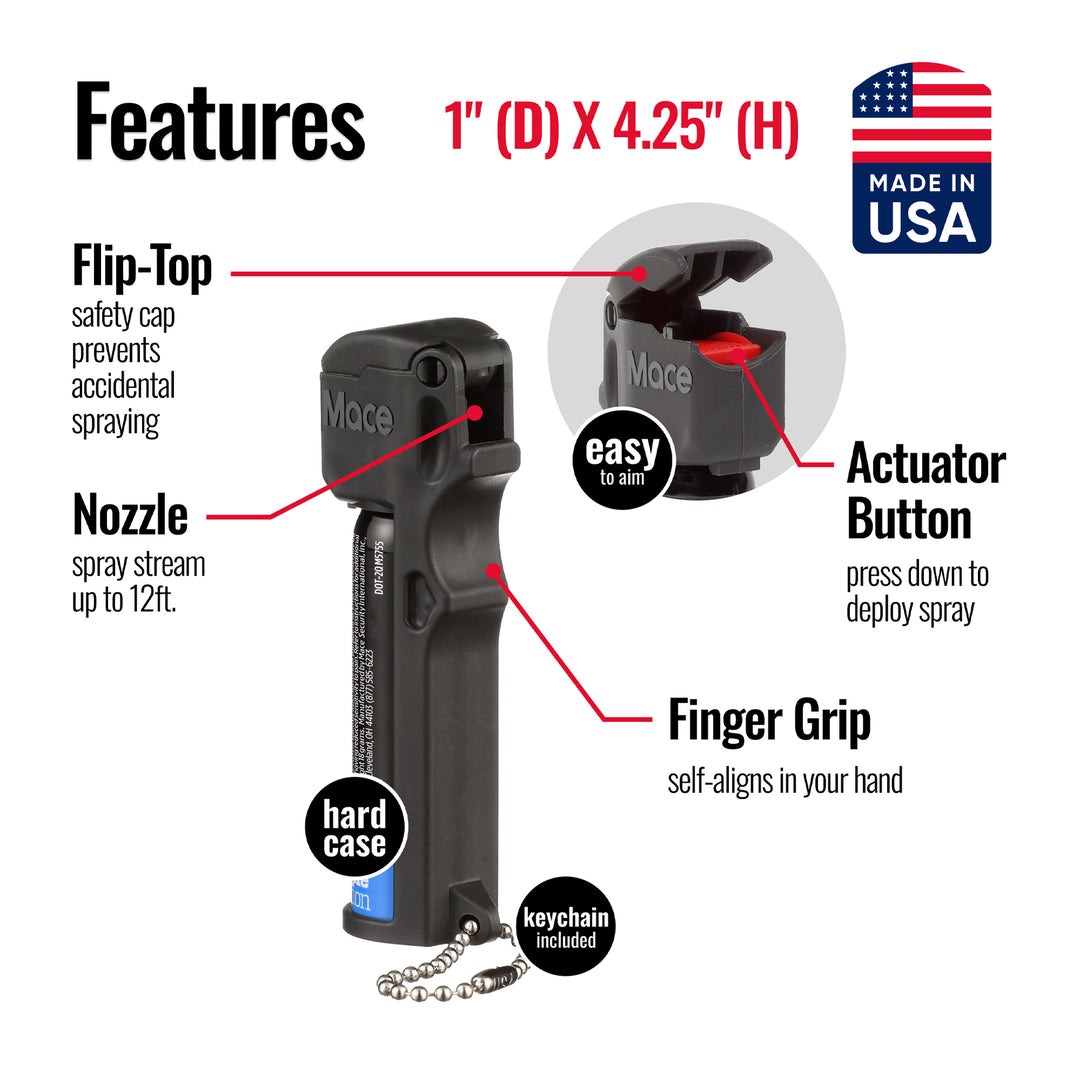 3-IN-1 Tear Gas Enhanced Mace Pepper Spray, ideal self defense keychain for women, 12 ft range, Made in the USA
