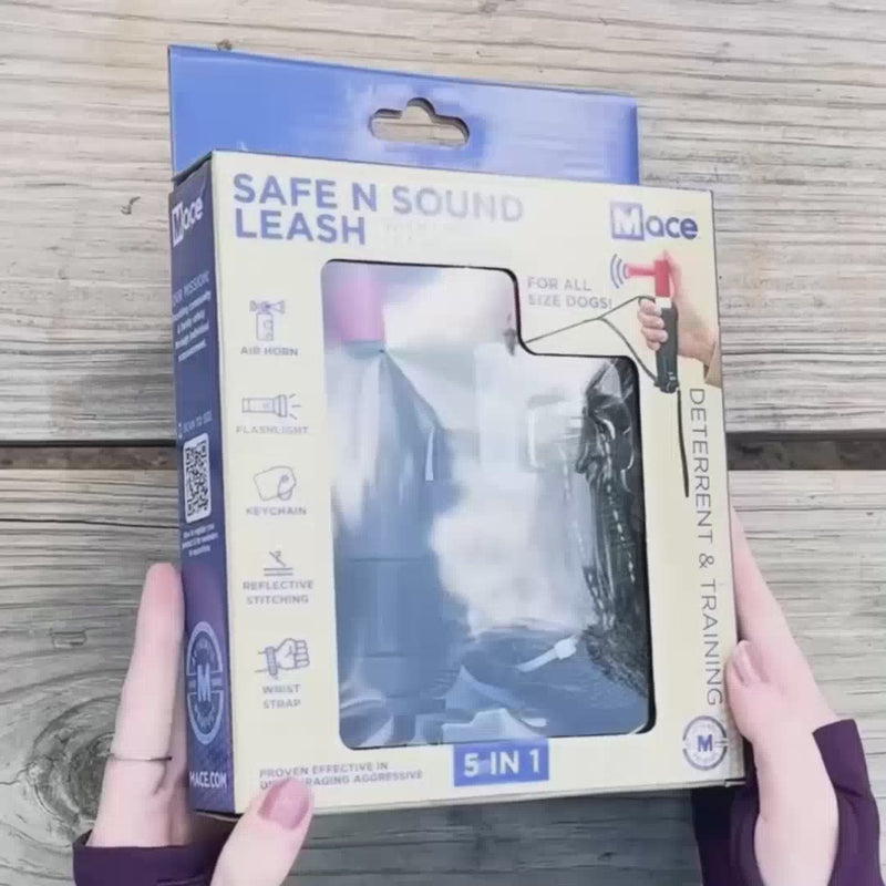 Load and play video in Gallery viewer, NEW ITEM Mace® Brand Dog Leash with Airhorn to Protect Yourself and Your Pet Equipped With Ergo Leash Handle and Super Bright LED Light (Designed by SafeNSound)
