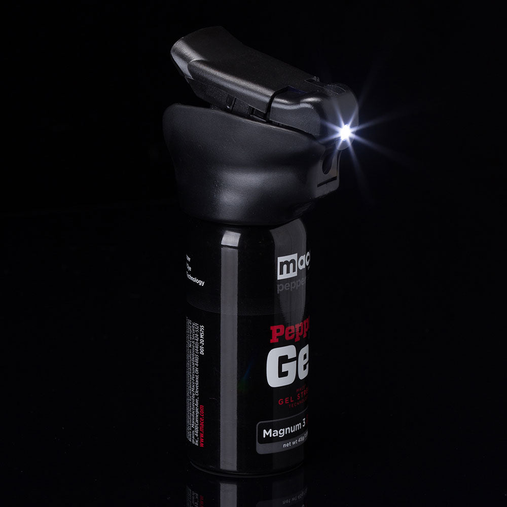 Non-lethal home defense LED equipped 1.59oz. Mace pepper spray gel, 18 ft range, Made in the USA